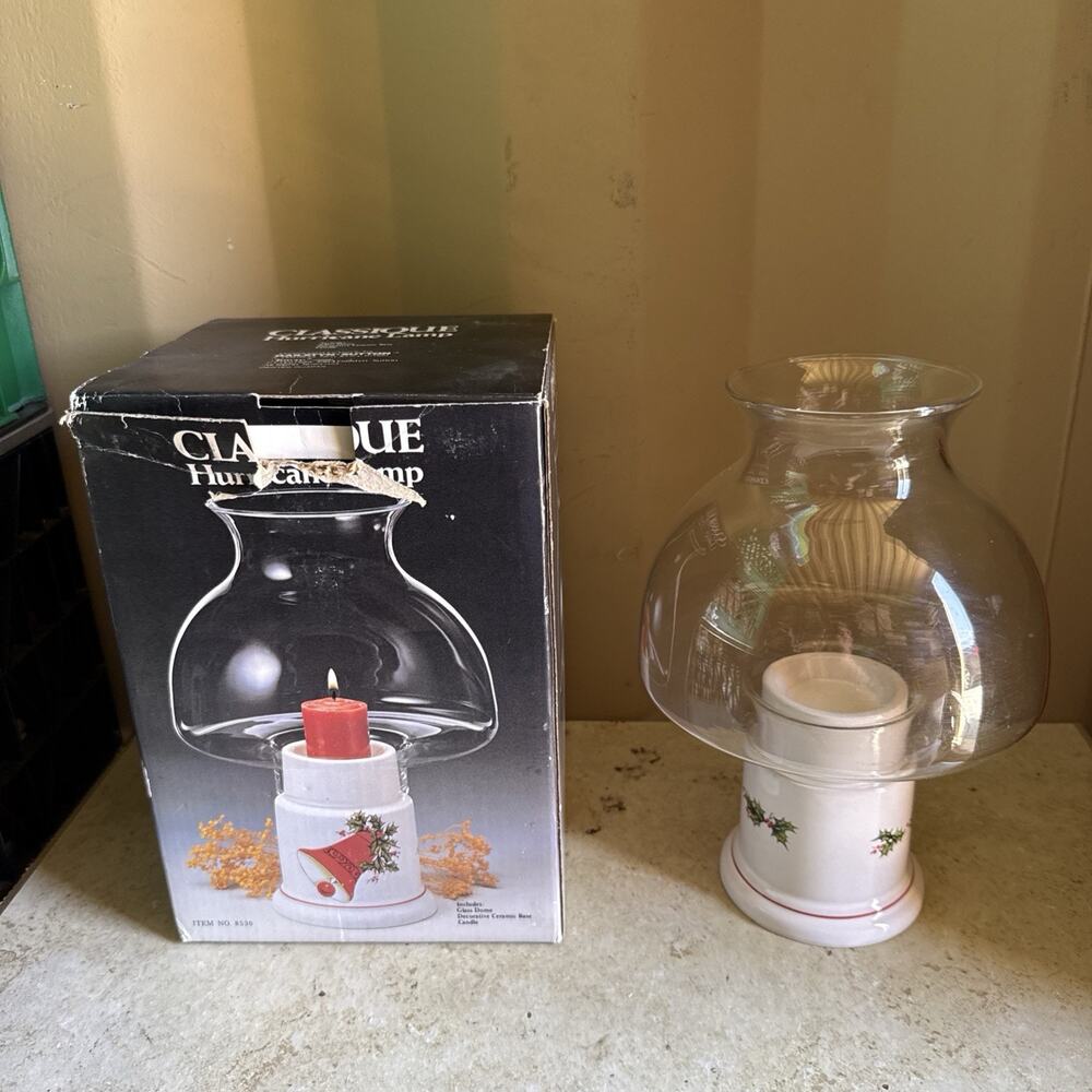 Vintage Classique Hurricane Lamp Christmas Holly Ceramic Candle Holder 1980s Box